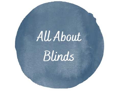 A blot of blue paint with white text in the center "All About Blinds"